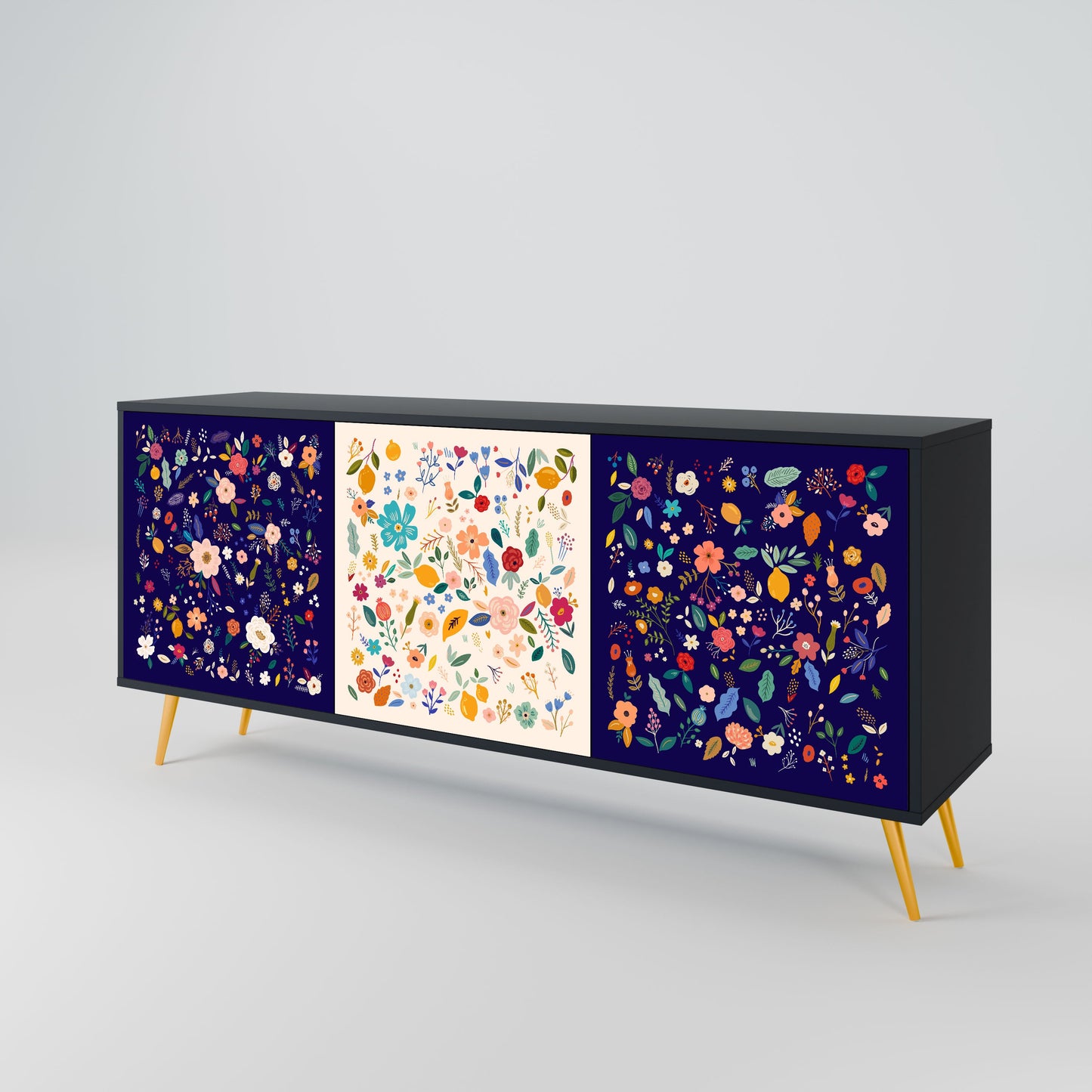FLORAL COMBINATION 3-Door Sideboard in Black Finish