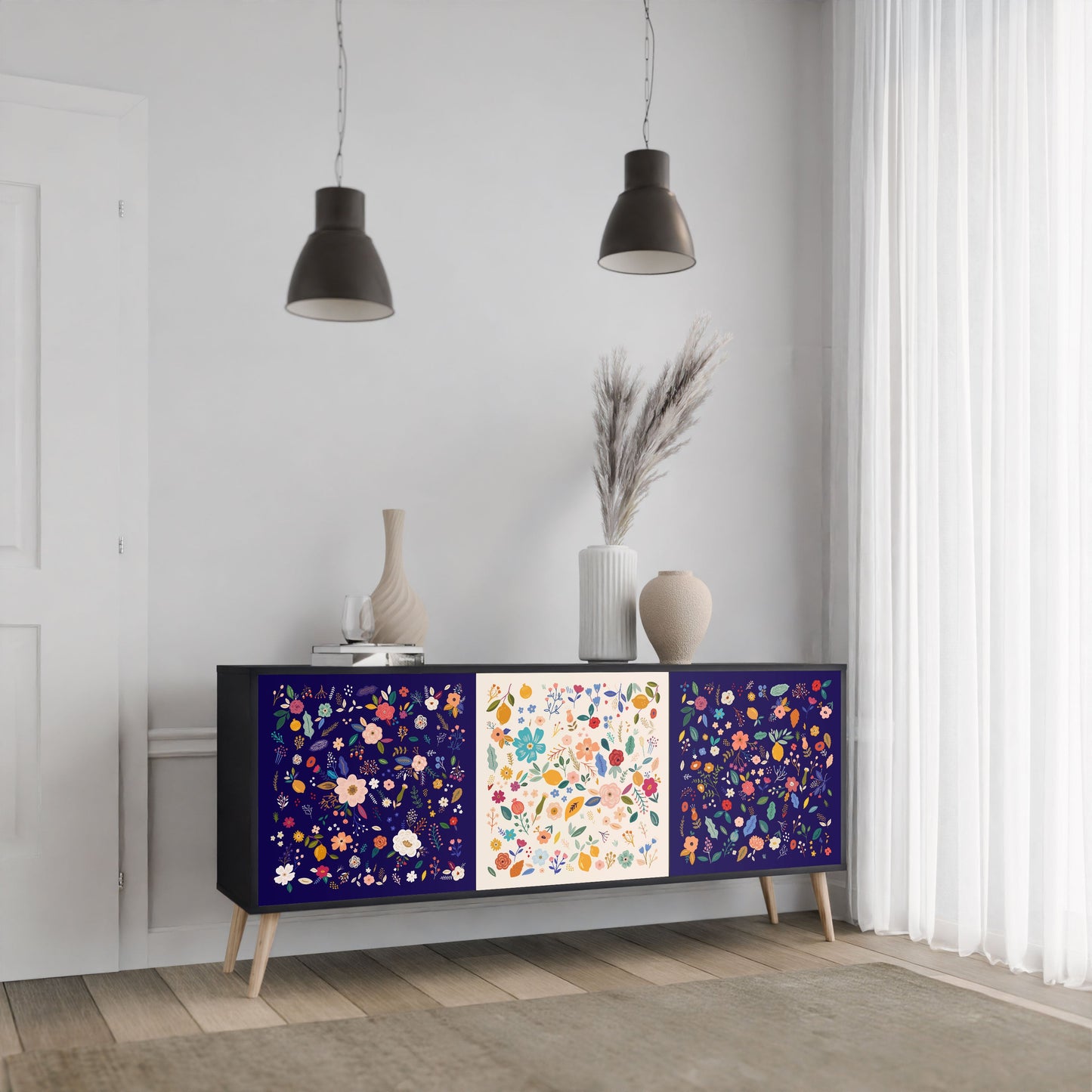 FLORAL COMBINATION 3-Door Sideboard in Black Finish