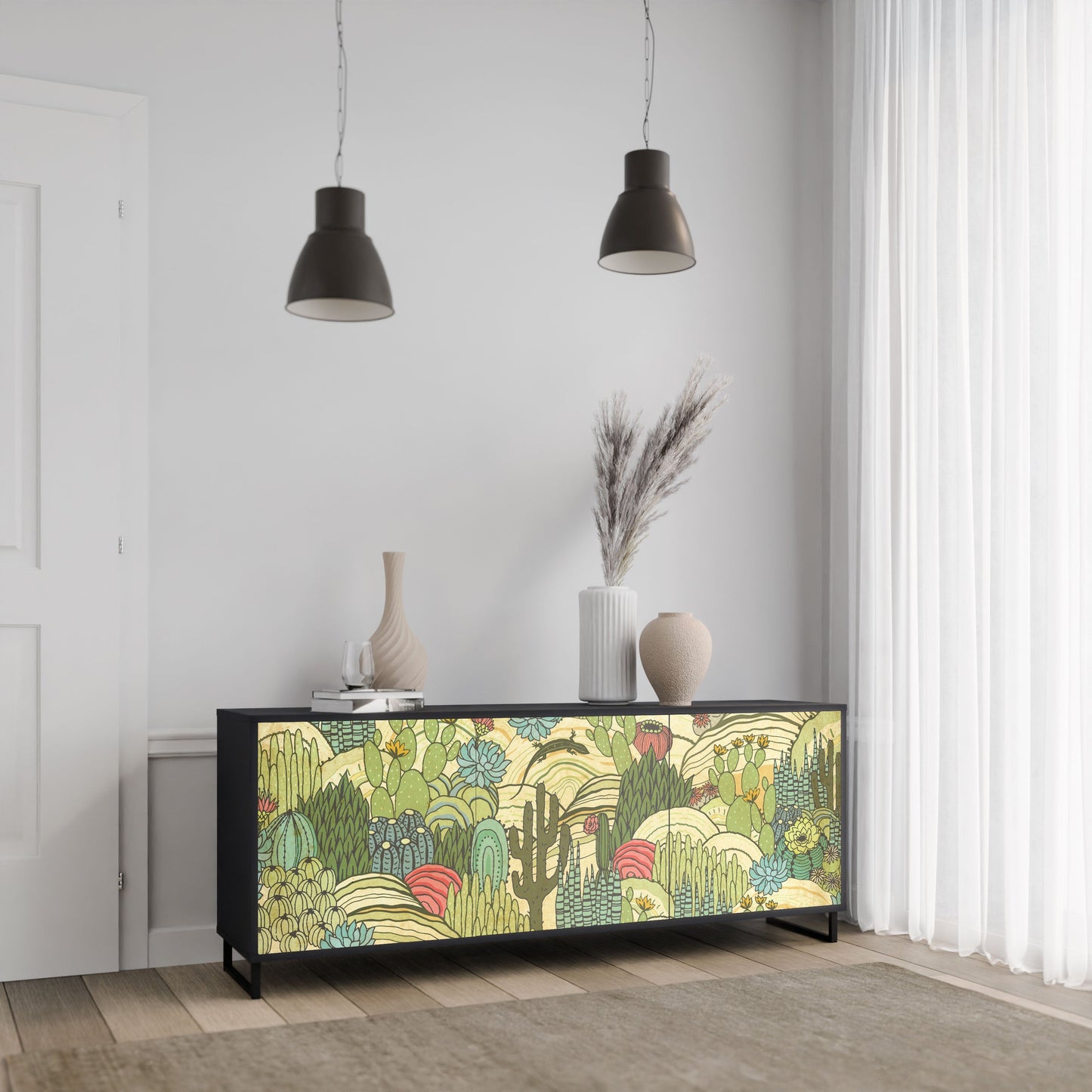 SUCCULENTS KALEIDOSCOPE 3-Door Sideboard in Black Finish