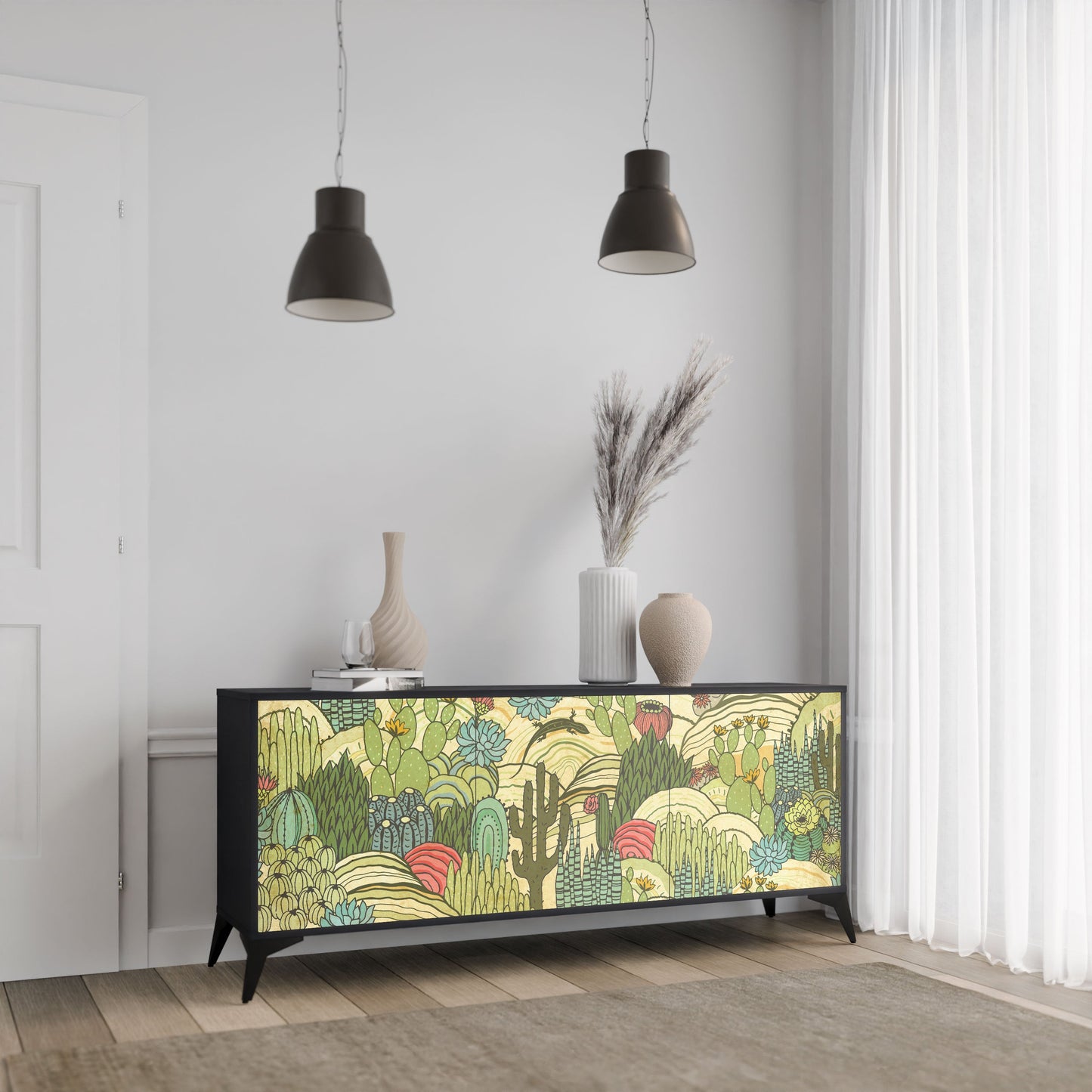 SUCCULENTS KALEIDOSCOPE 3-Door Sideboard in Black Finish