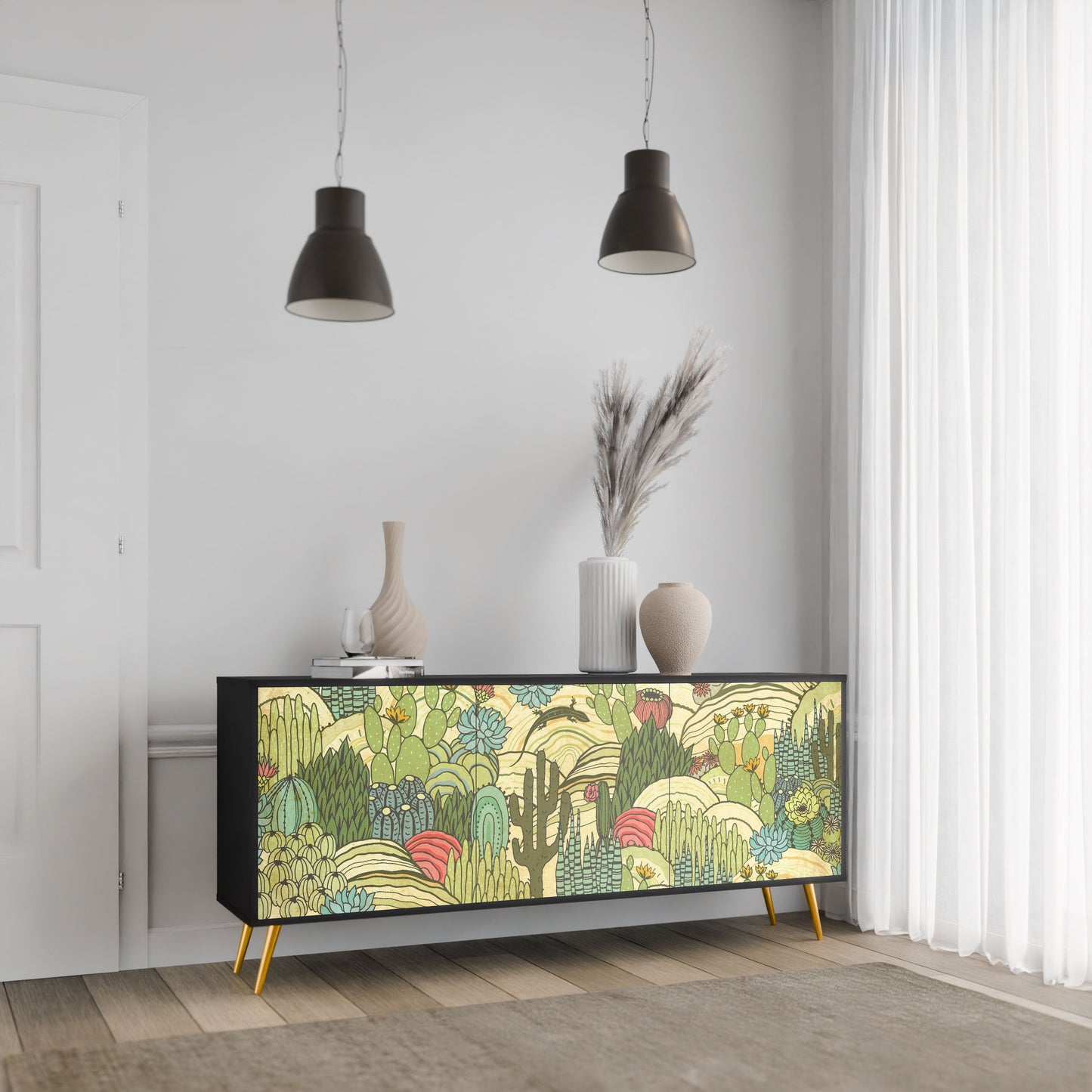 SUCCULENTS KALEIDOSCOPE 3-Door Sideboard in Black Finish