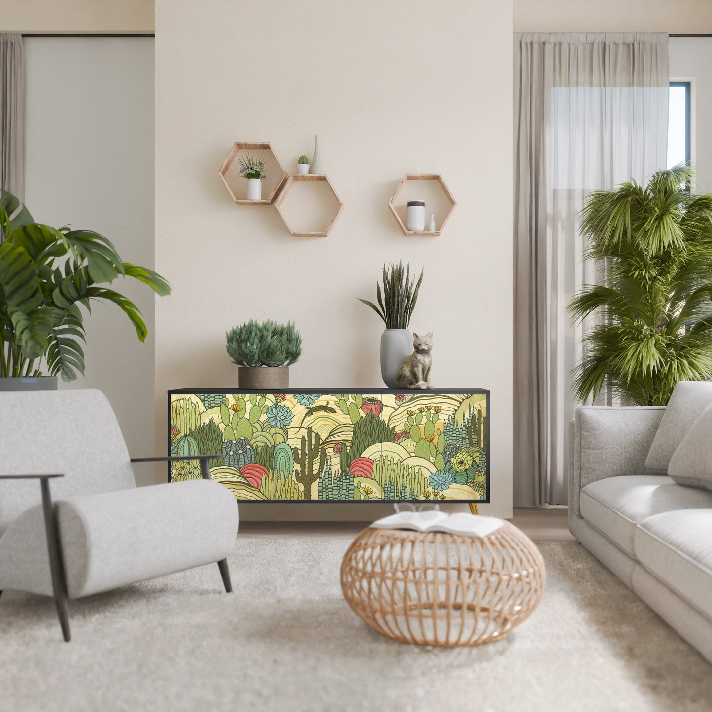 SUCCULENTS KALEIDOSCOPE 3-Door Sideboard in Black Finish