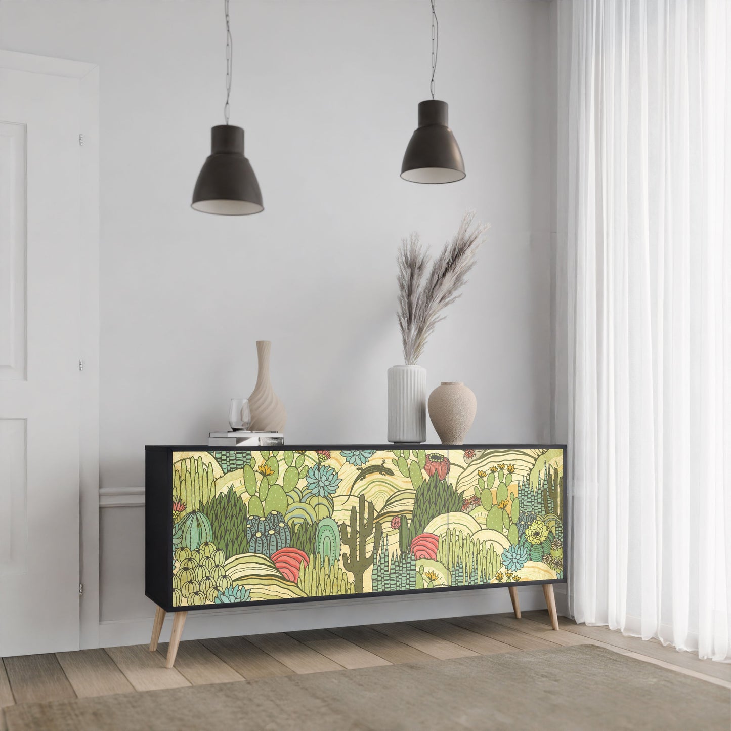 SUCCULENTS KALEIDOSCOPE 3-Door Sideboard in Black Finish