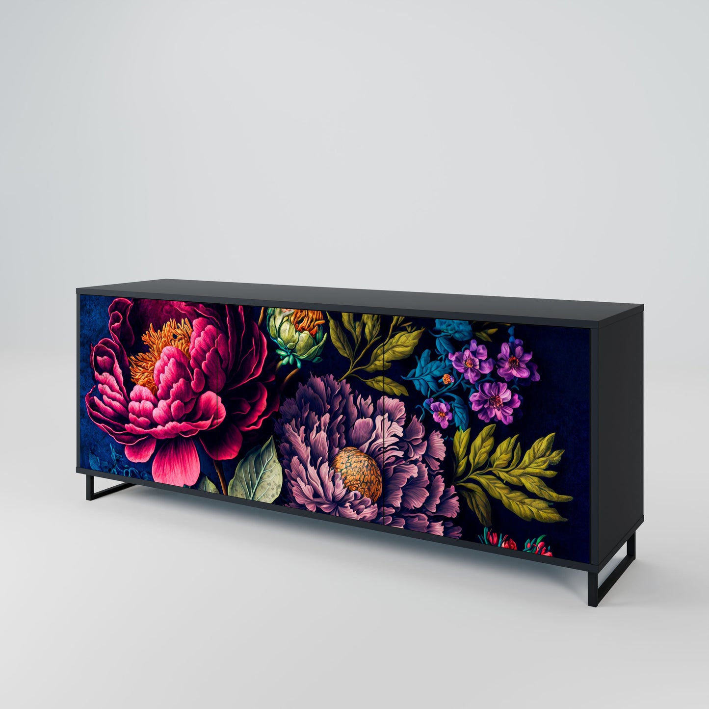 BLOOMING ELEGANCE 3-Door Sideboard in Black Finish