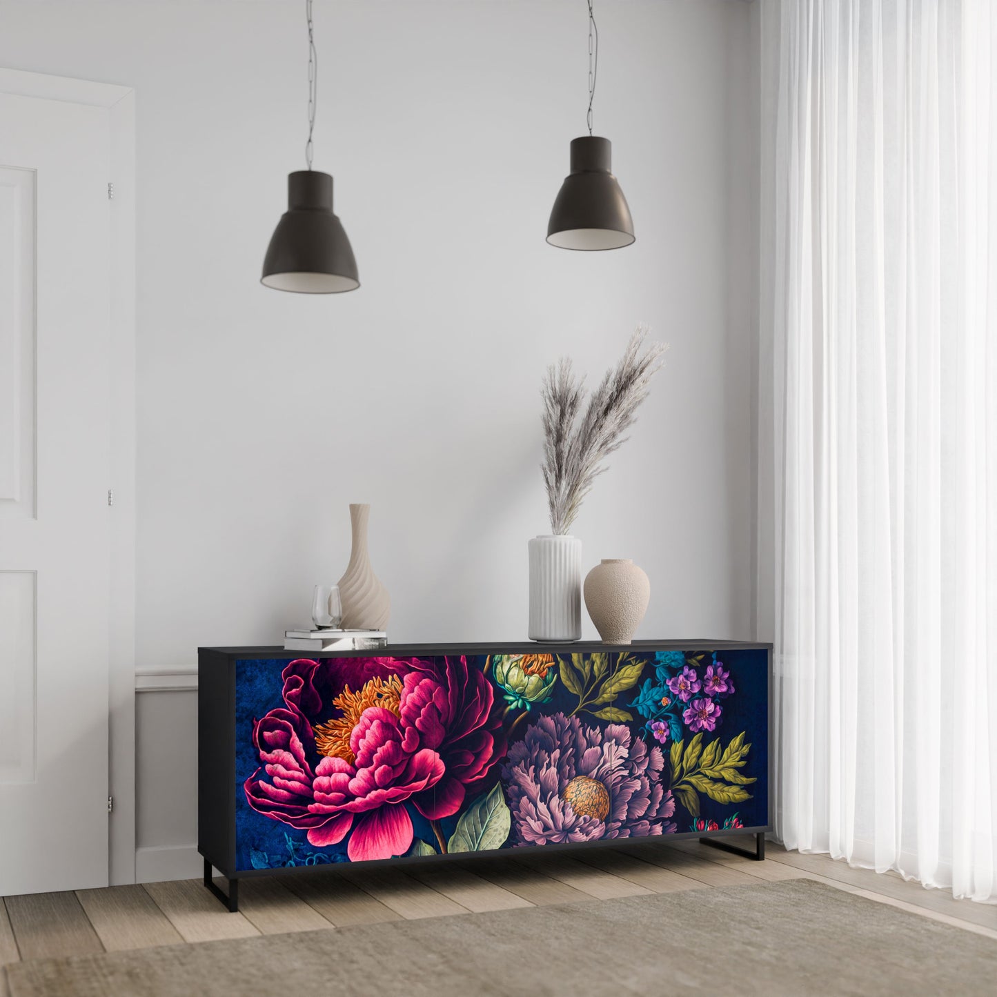 BLOOMING ELEGANCE 3-Door Sideboard in Black Finish
