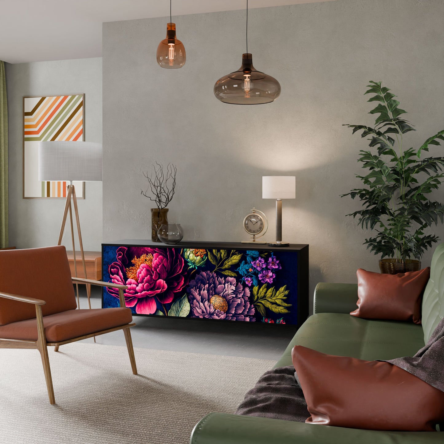 BLOOMING ELEGANCE 3-Door Sideboard in Black Finish