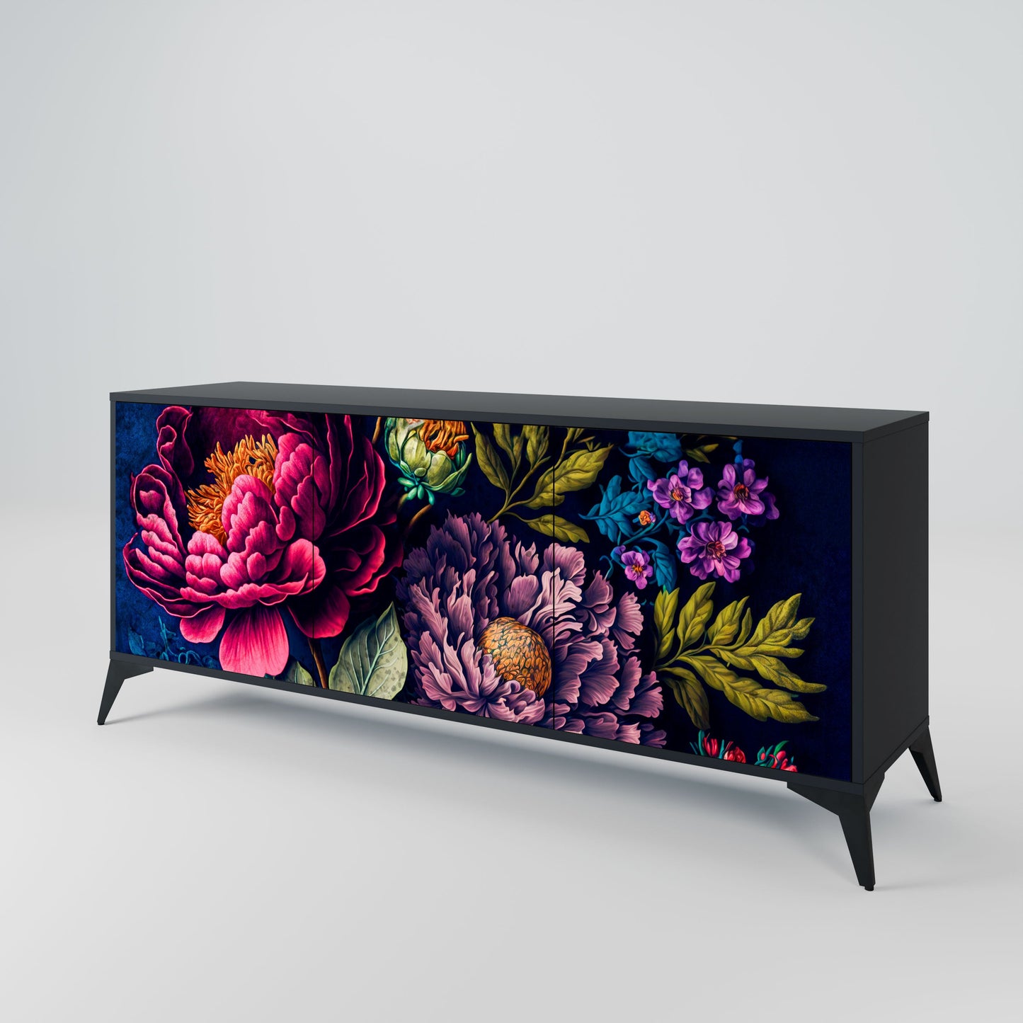 BLOOMING ELEGANCE 3-Door Sideboard in Black Finish
