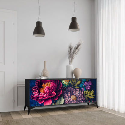 BLOOMING ELEGANCE 3-Door Sideboard in Black Finish