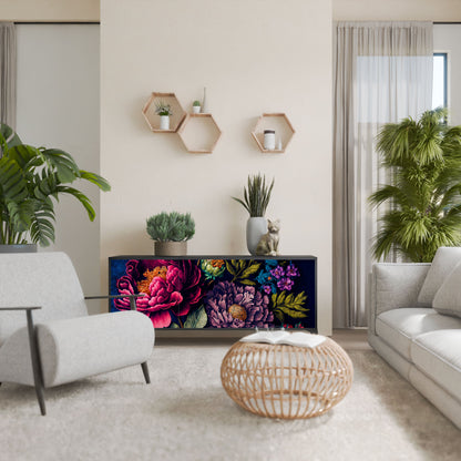 BLOOMING ELEGANCE 3-Door Sideboard in Black Finish