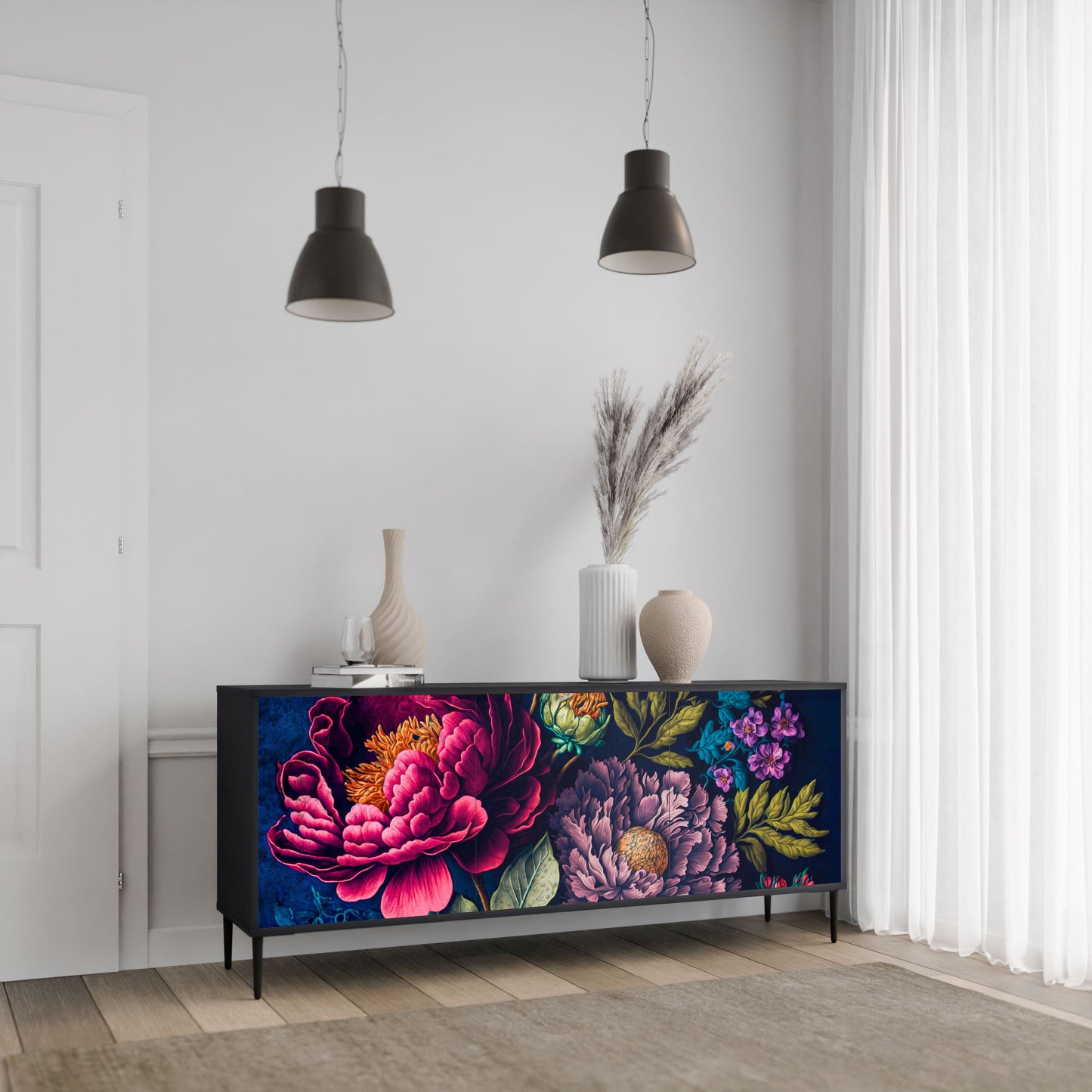 BLOOMING ELEGANCE 3-Door Sideboard in Black Finish