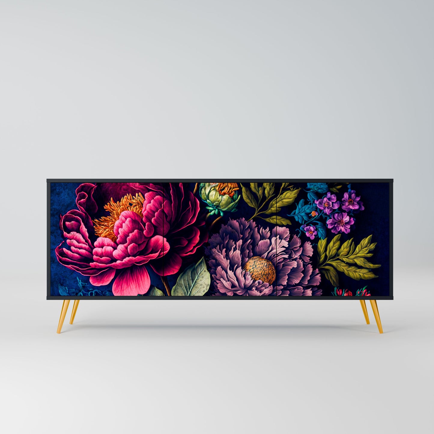 BLOOMING ELEGANCE 3-Door Sideboard in Black Finish
