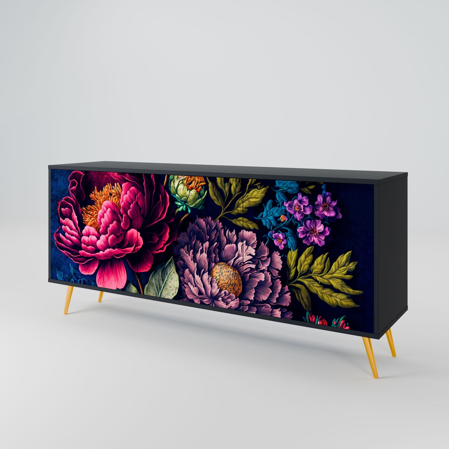 BLOOMING ELEGANCE 3-Door Sideboard in Black Finish