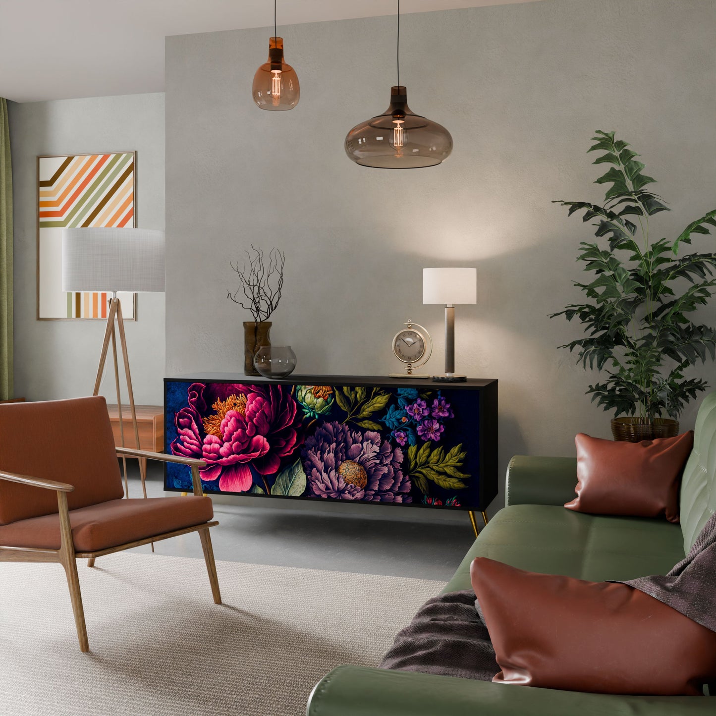 BLOOMING ELEGANCE 3-Door Sideboard in Black Finish