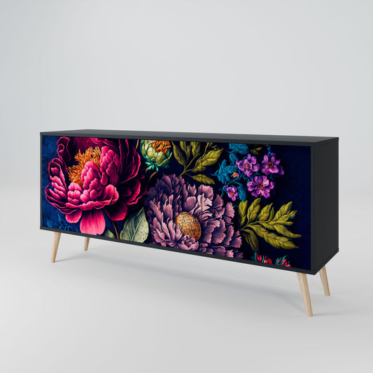 BLOOMING ELEGANCE 3-Door Sideboard in Black Finish