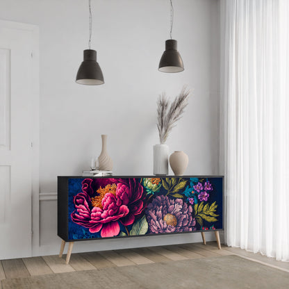 BLOOMING ELEGANCE 3-Door Sideboard in Black Finish