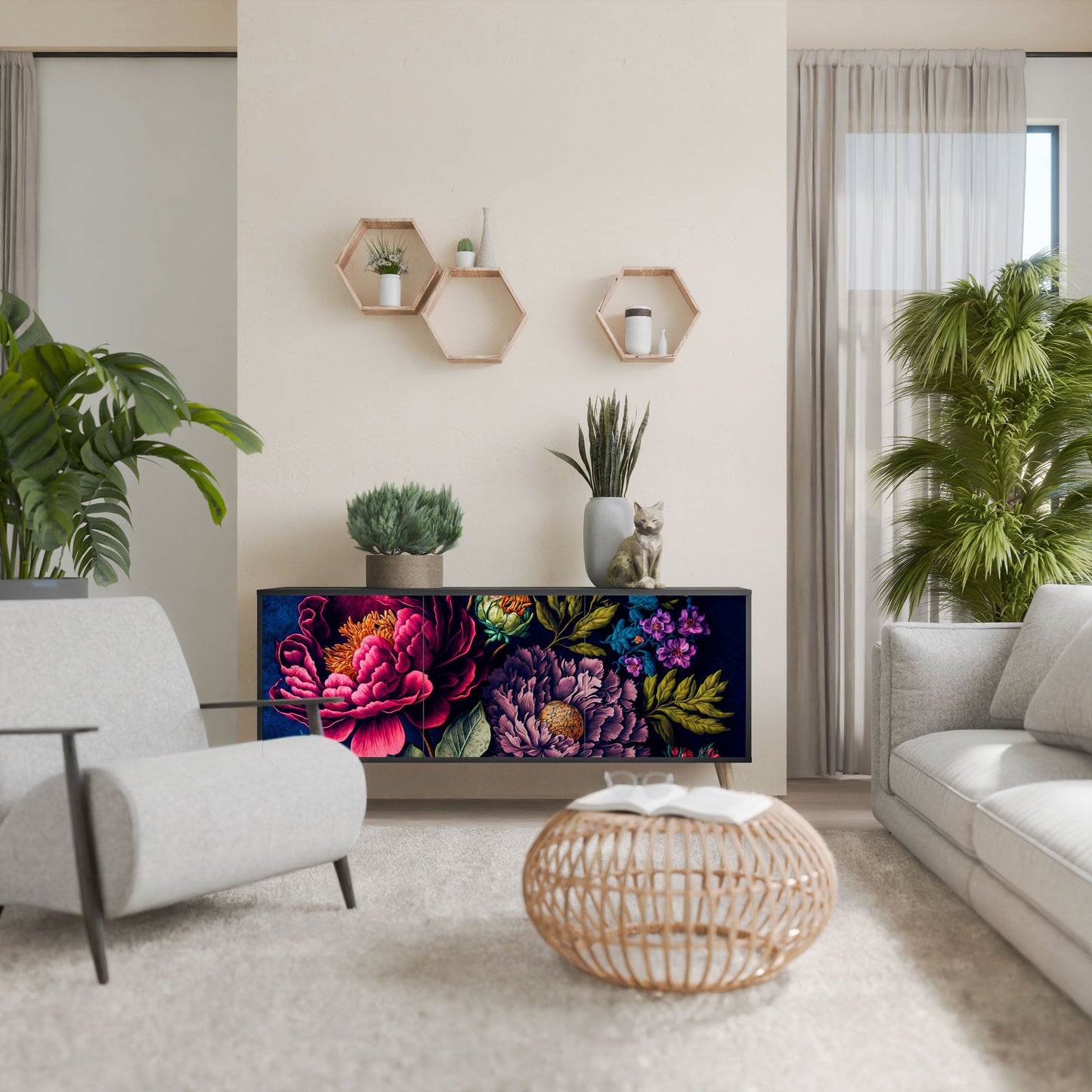 BLOOMING ELEGANCE 3-Door Sideboard in Black Finish