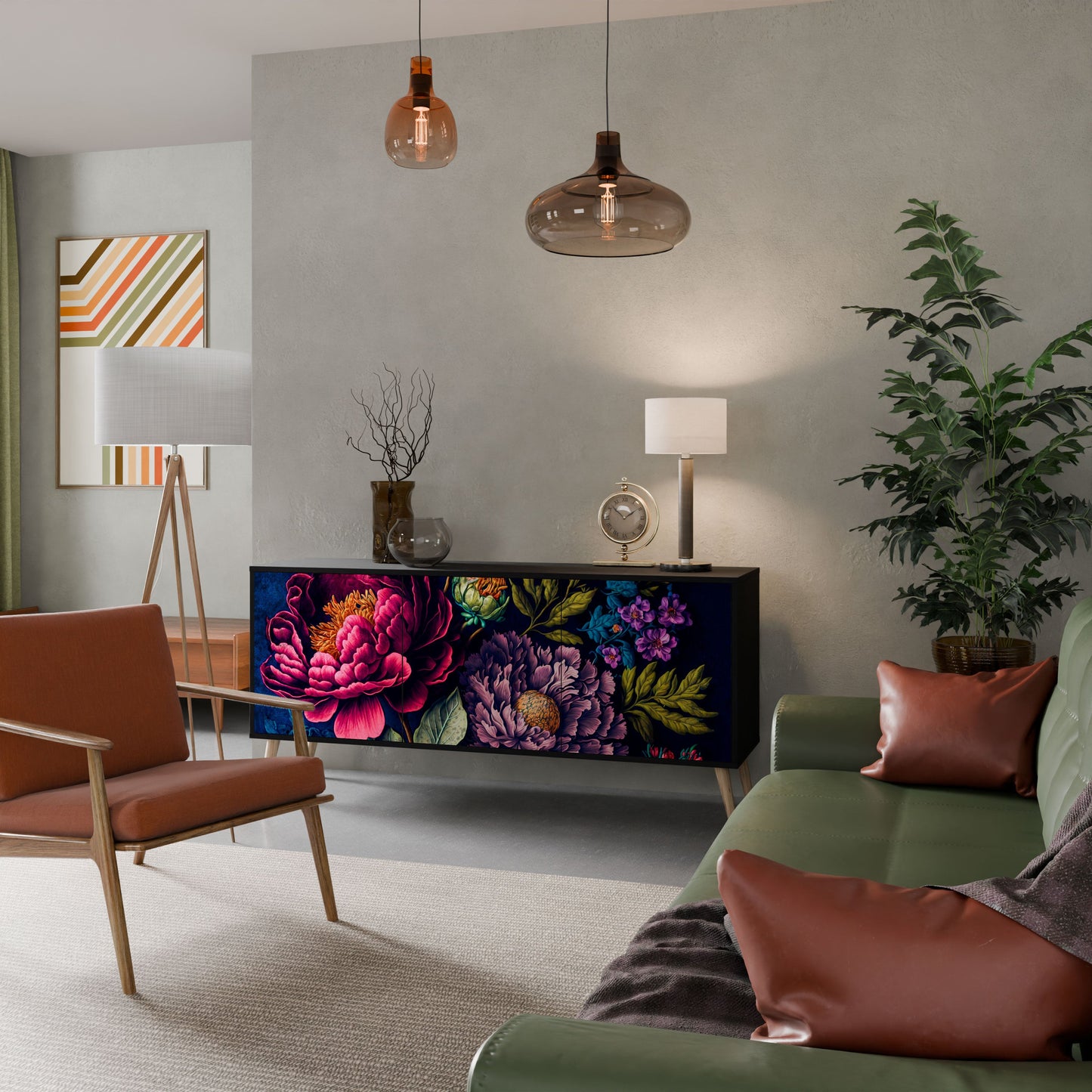 BLOOMING ELEGANCE 3-Door Sideboard in Black Finish