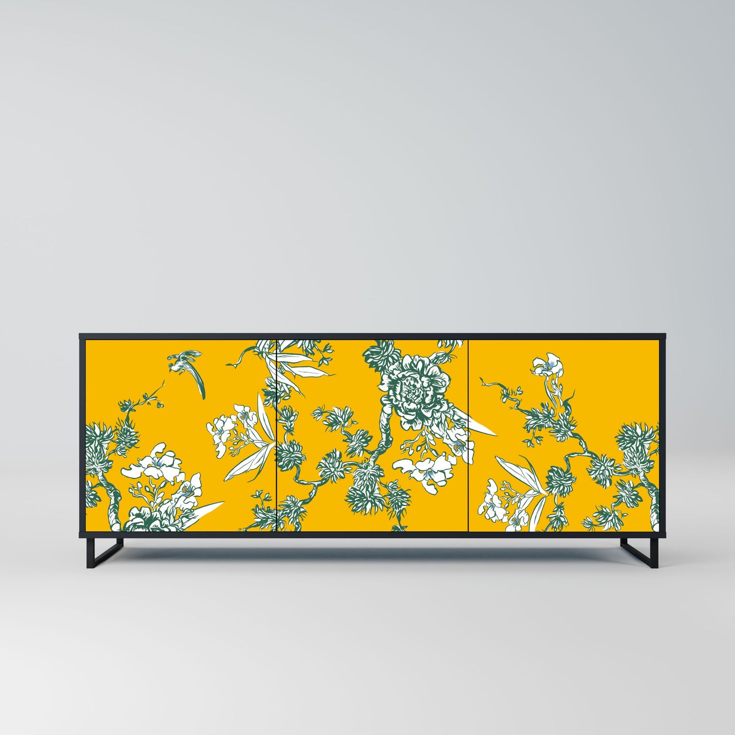 YELLOW CHINOISERIE 3-Door Sideboard in Black Finish