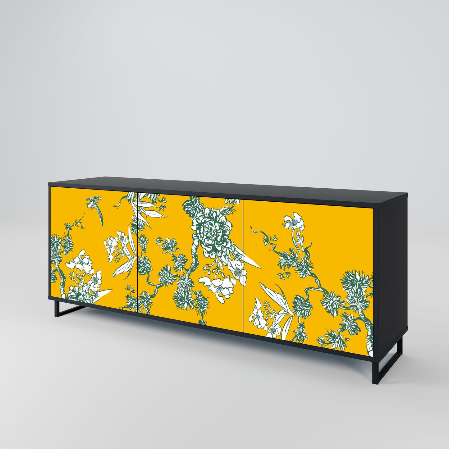 YELLOW CHINOISERIE 3-Door Sideboard in Black Finish