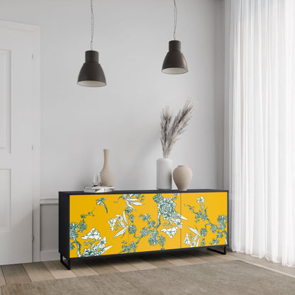 YELLOW CHINOISERIE 3-Door Sideboard in Black Finish