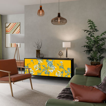 YELLOW CHINOISERIE 3-Door Sideboard in Black Finish