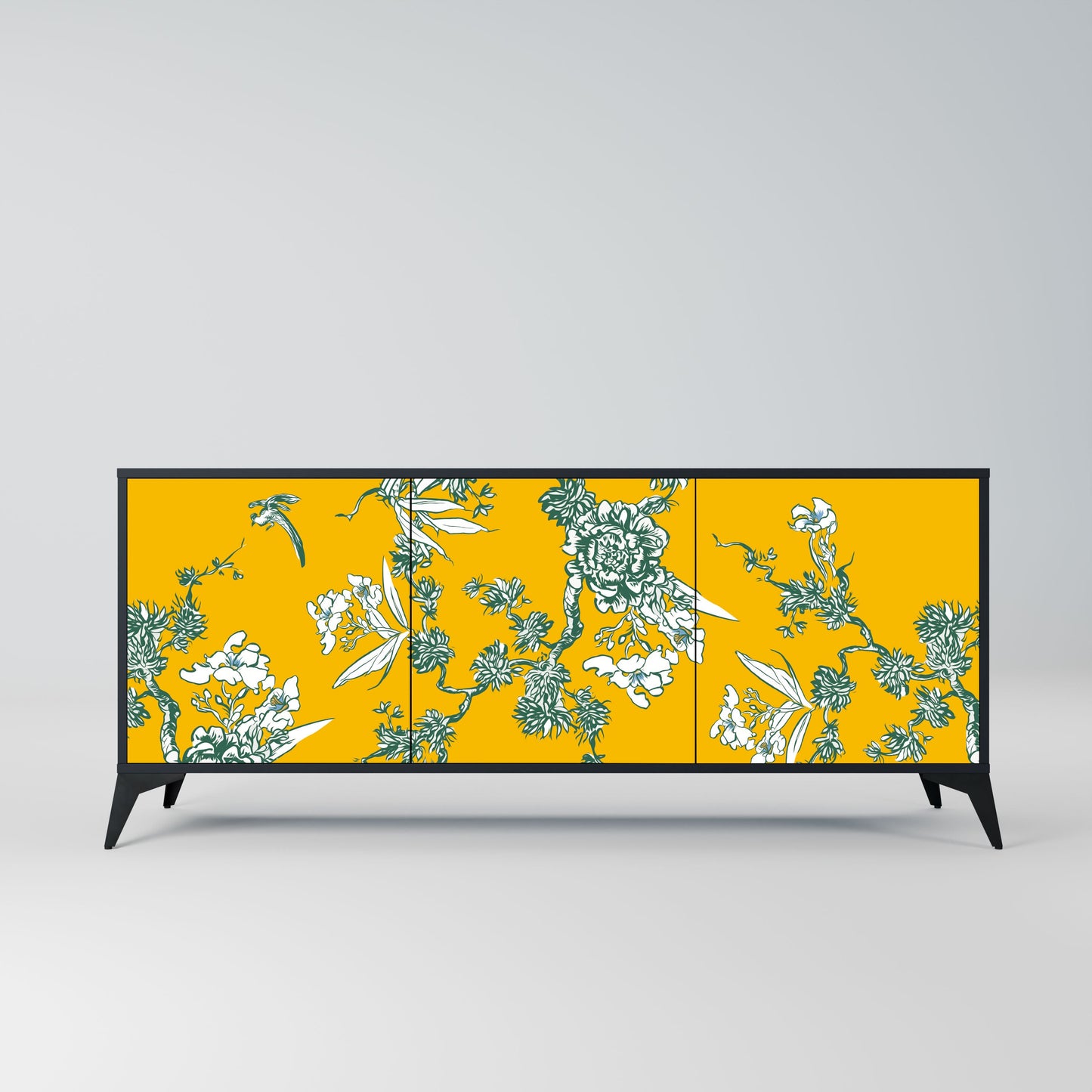 YELLOW CHINOISERIE 3-Door Sideboard in Black Finish
