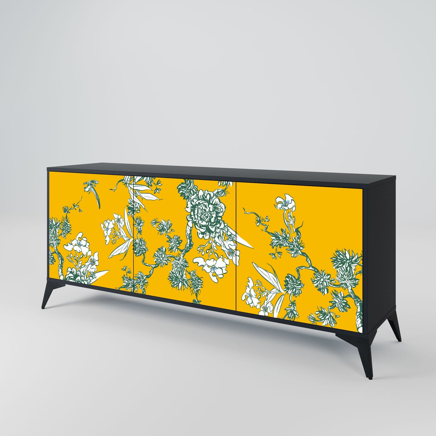 YELLOW CHINOISERIE 3-Door Sideboard in Black Finish