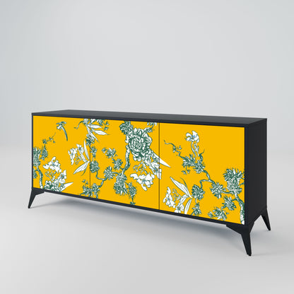 YELLOW CHINOISERIE 3-Door Sideboard in Black Finish