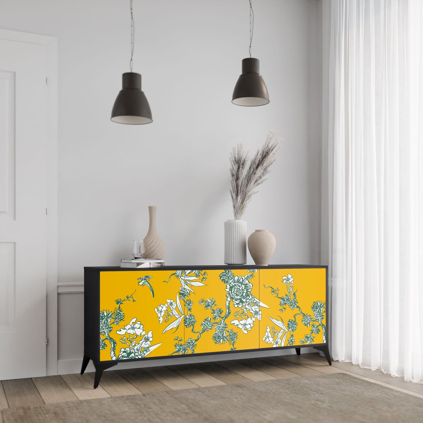 YELLOW CHINOISERIE 3-Door Sideboard in Black Finish