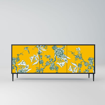 YELLOW CHINOISERIE 3-Door Sideboard in Black Finish