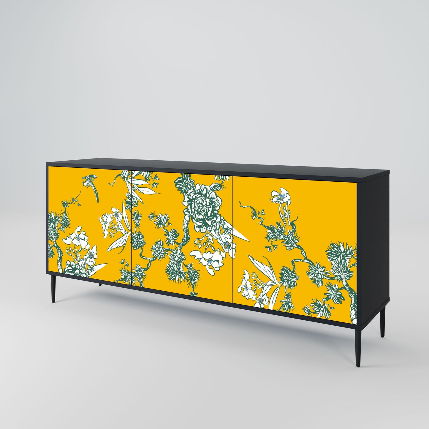 YELLOW CHINOISERIE 3-Door Sideboard in Black Finish