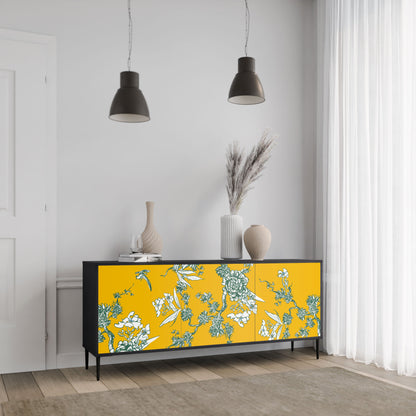 YELLOW CHINOISERIE 3-Door Sideboard in Black Finish