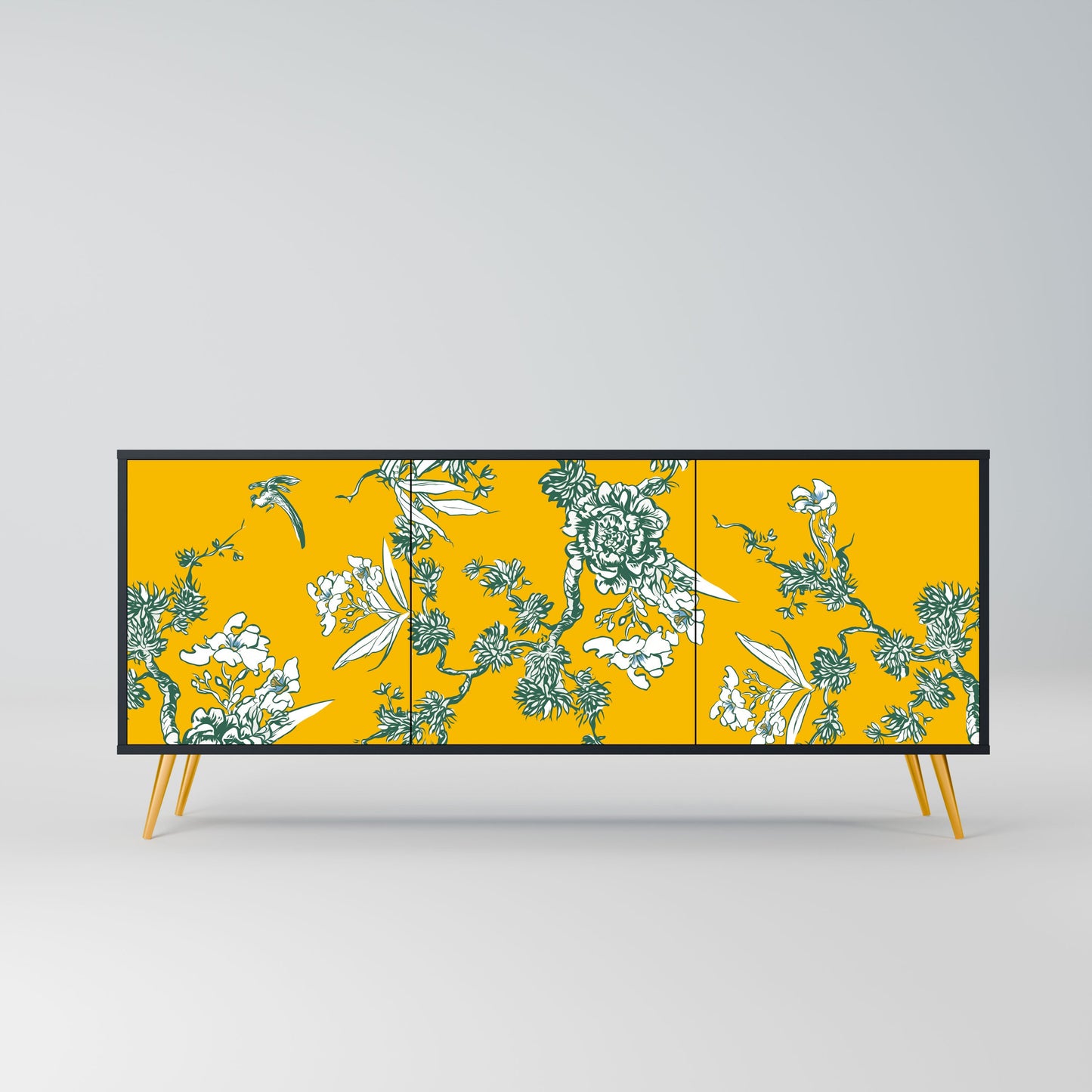 YELLOW CHINOISERIE 3-Door Sideboard in Black Finish