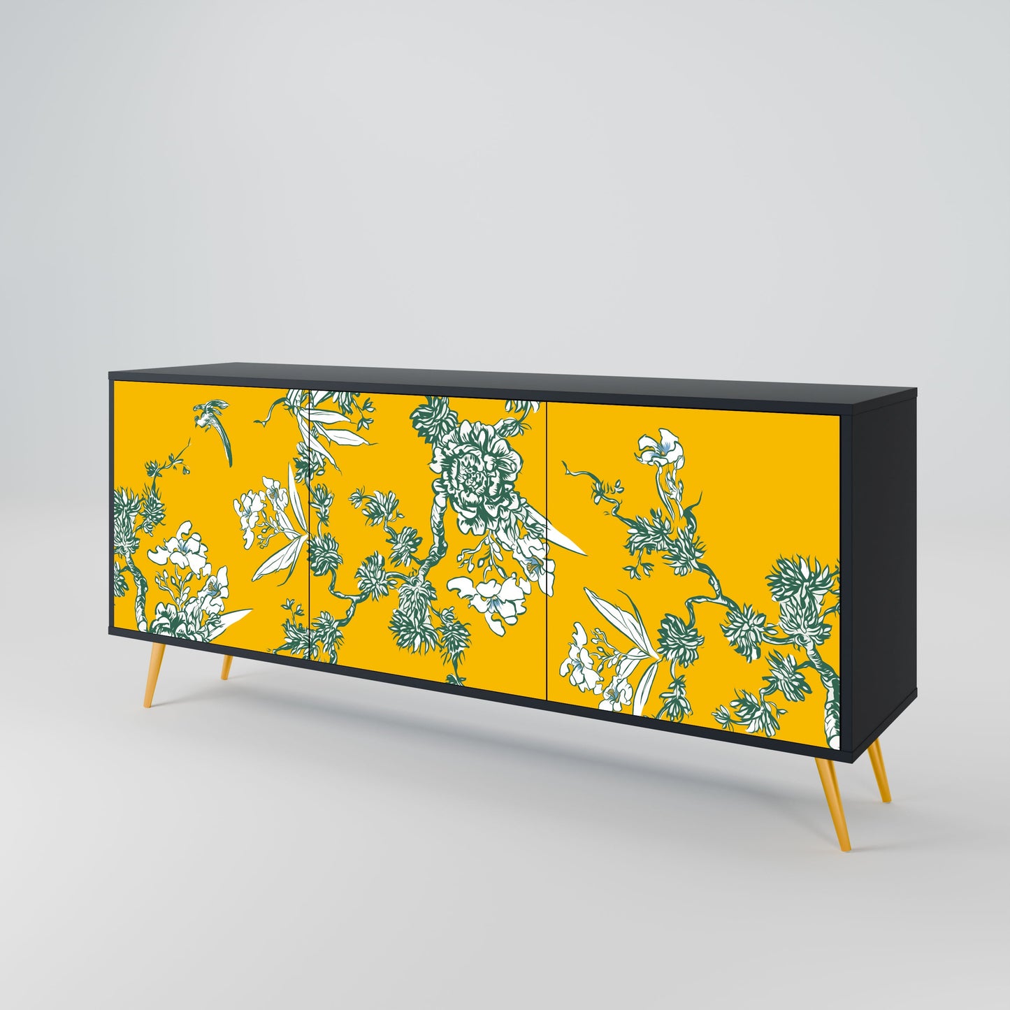 YELLOW CHINOISERIE 3-Door Sideboard in Black Finish