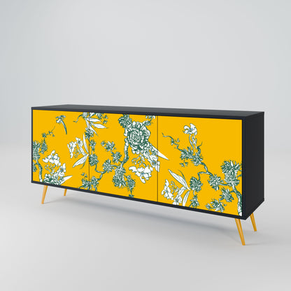 YELLOW CHINOISERIE 3-Door Sideboard in Black Finish