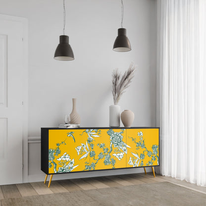 YELLOW CHINOISERIE 3-Door Sideboard in Black Finish