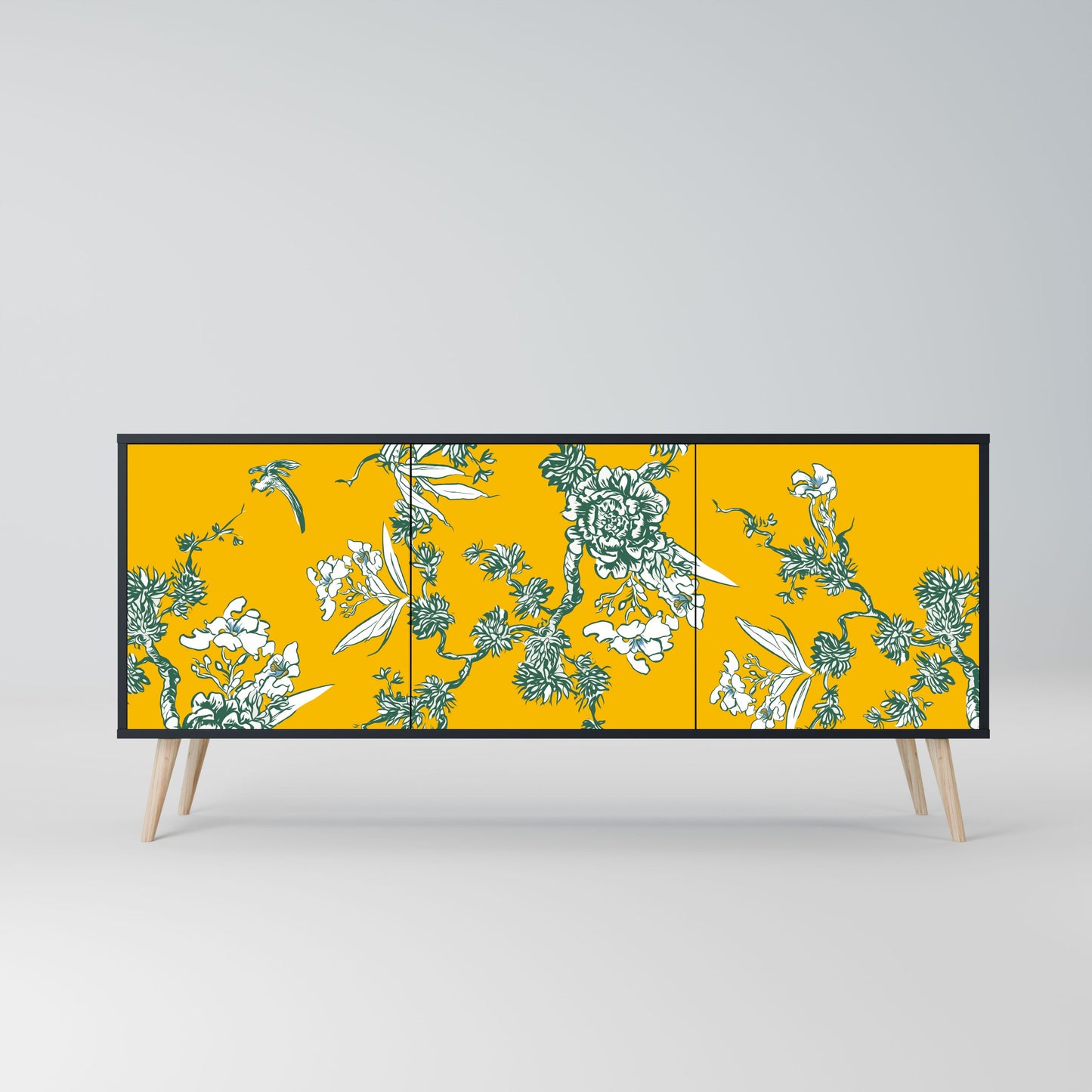 YELLOW CHINOISERIE 3-Door Sideboard in Black Finish