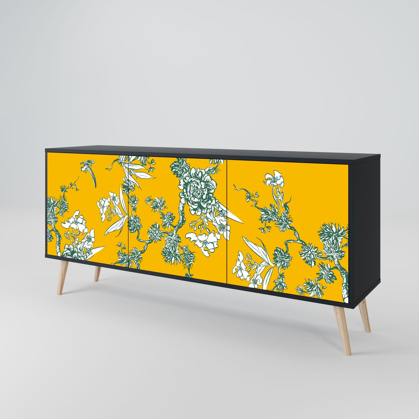 YELLOW CHINOISERIE 3-Door Sideboard in Black Finish