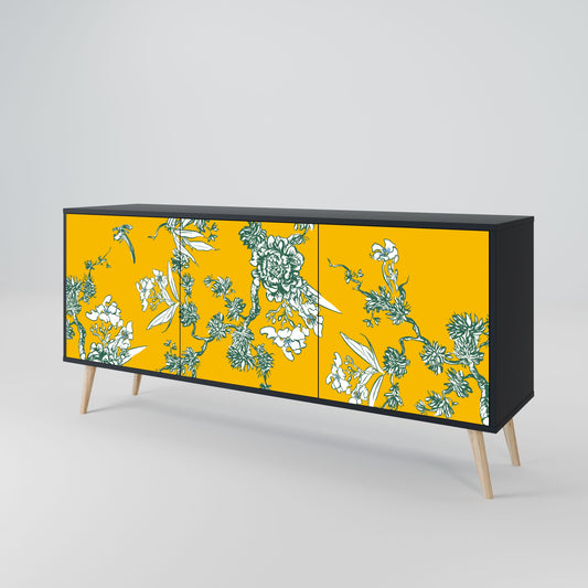 YELLOW CHINOISERIE 3-Door Sideboard in Black Finish