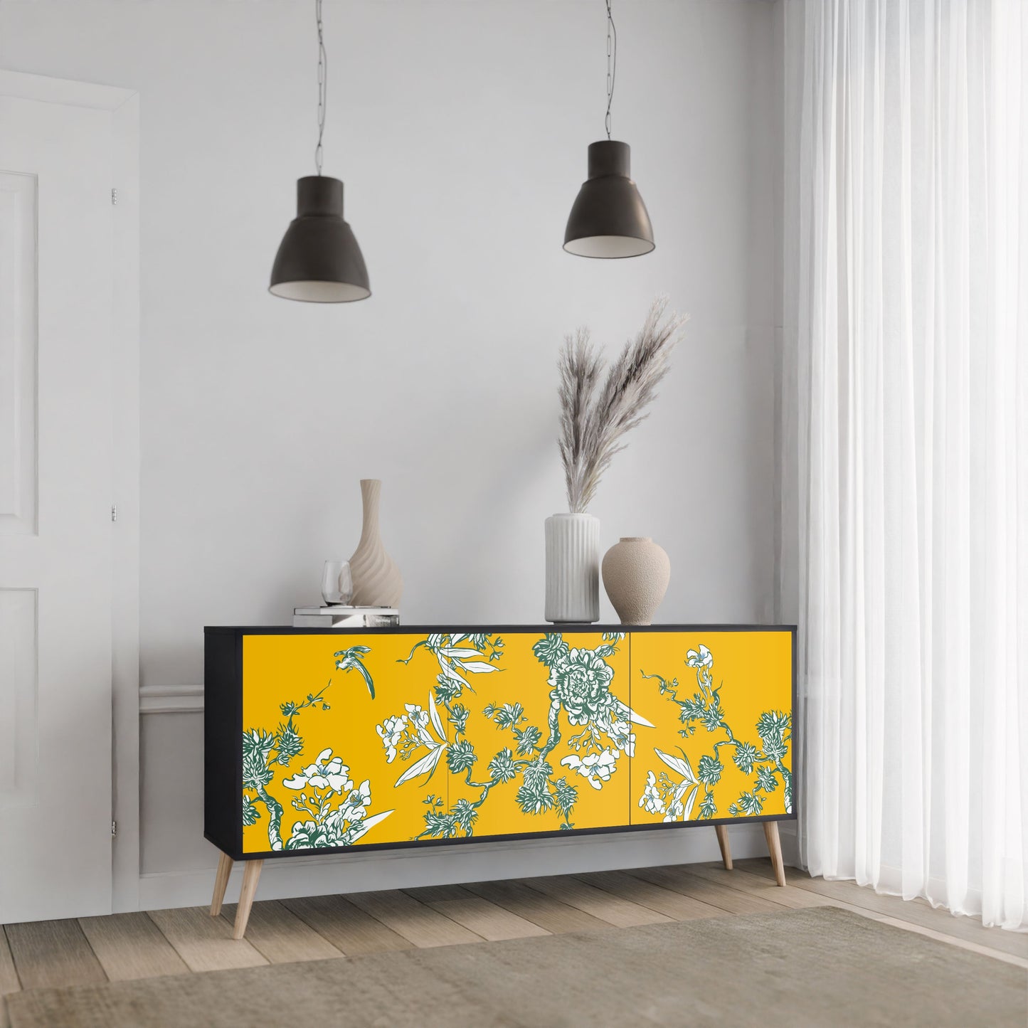 YELLOW CHINOISERIE 3-Door Sideboard in Black Finish