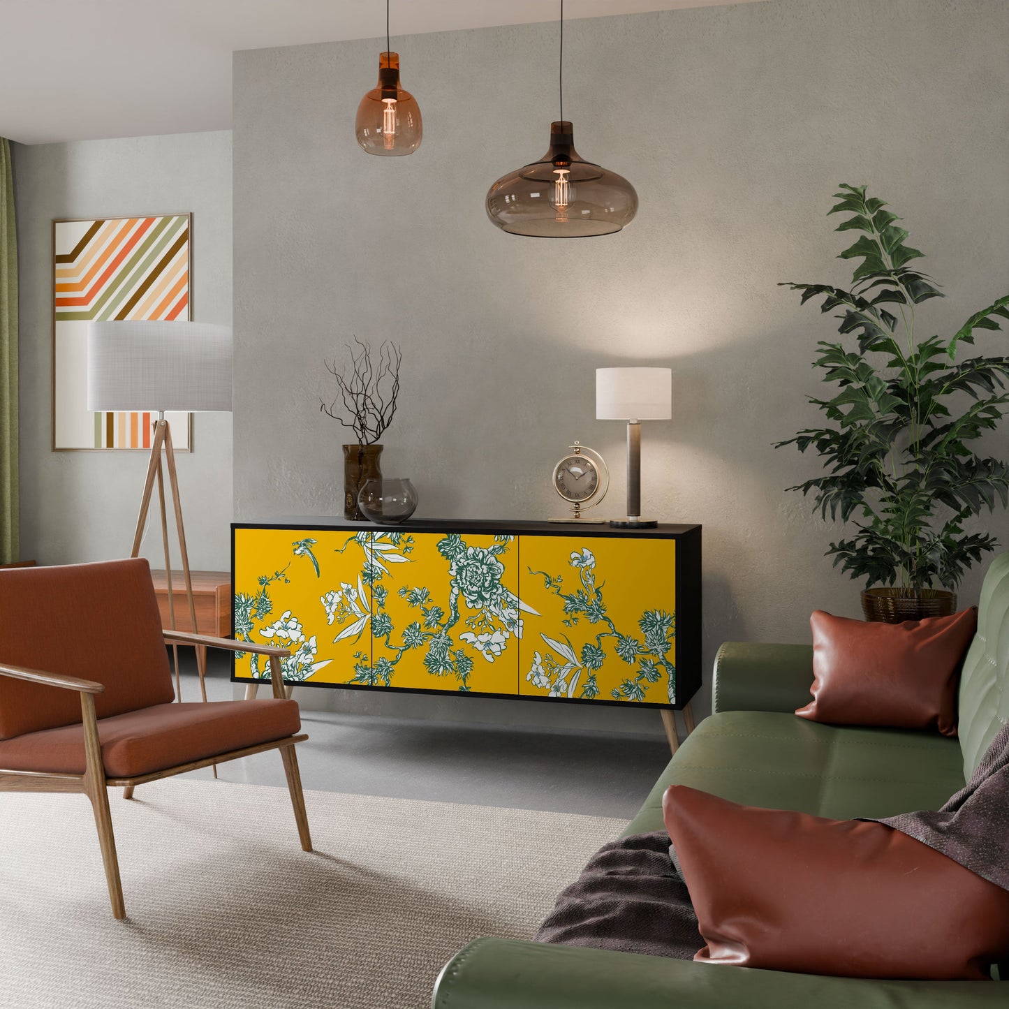 YELLOW CHINOISERIE 3-Door Sideboard in Black Finish