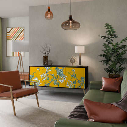 YELLOW CHINOISERIE 3-Door Sideboard in Black Finish