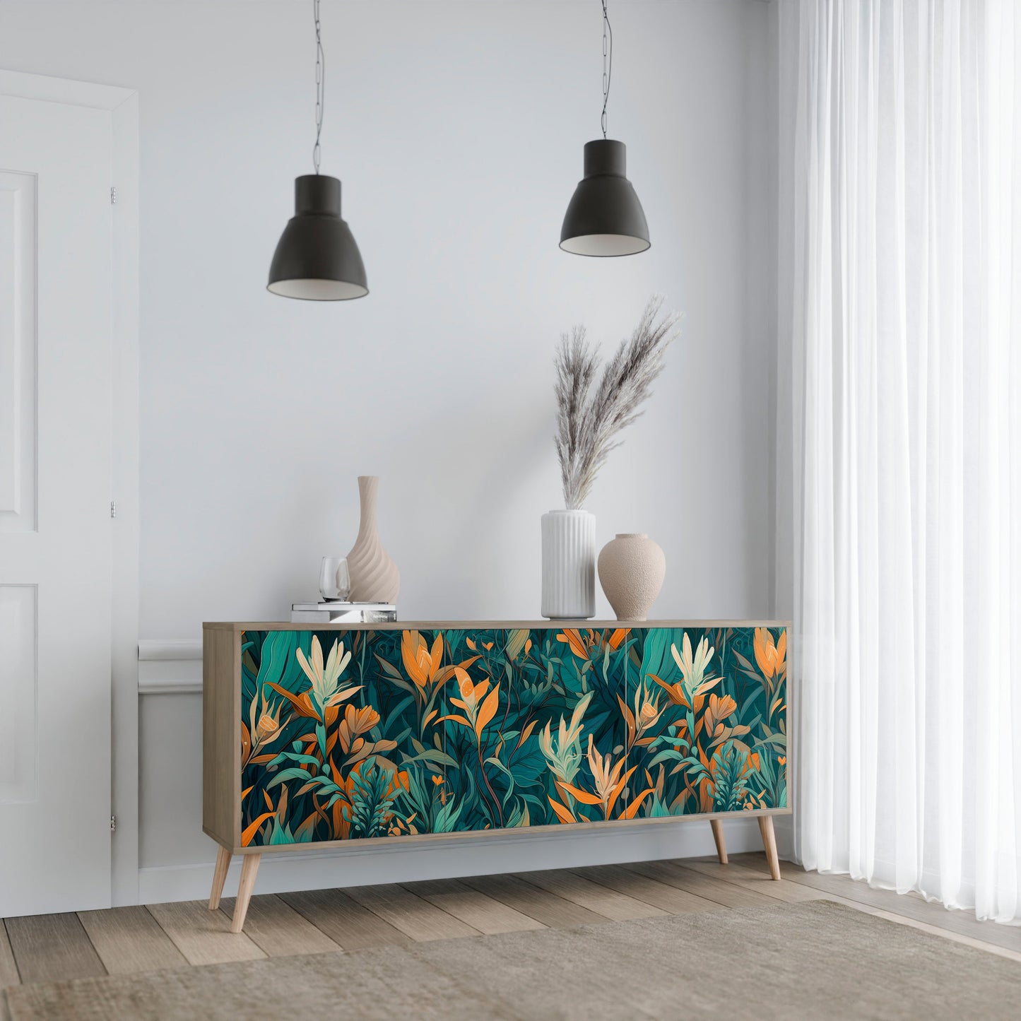 FLORAL SERENITY 3-Door Sideboard in Oak Effect