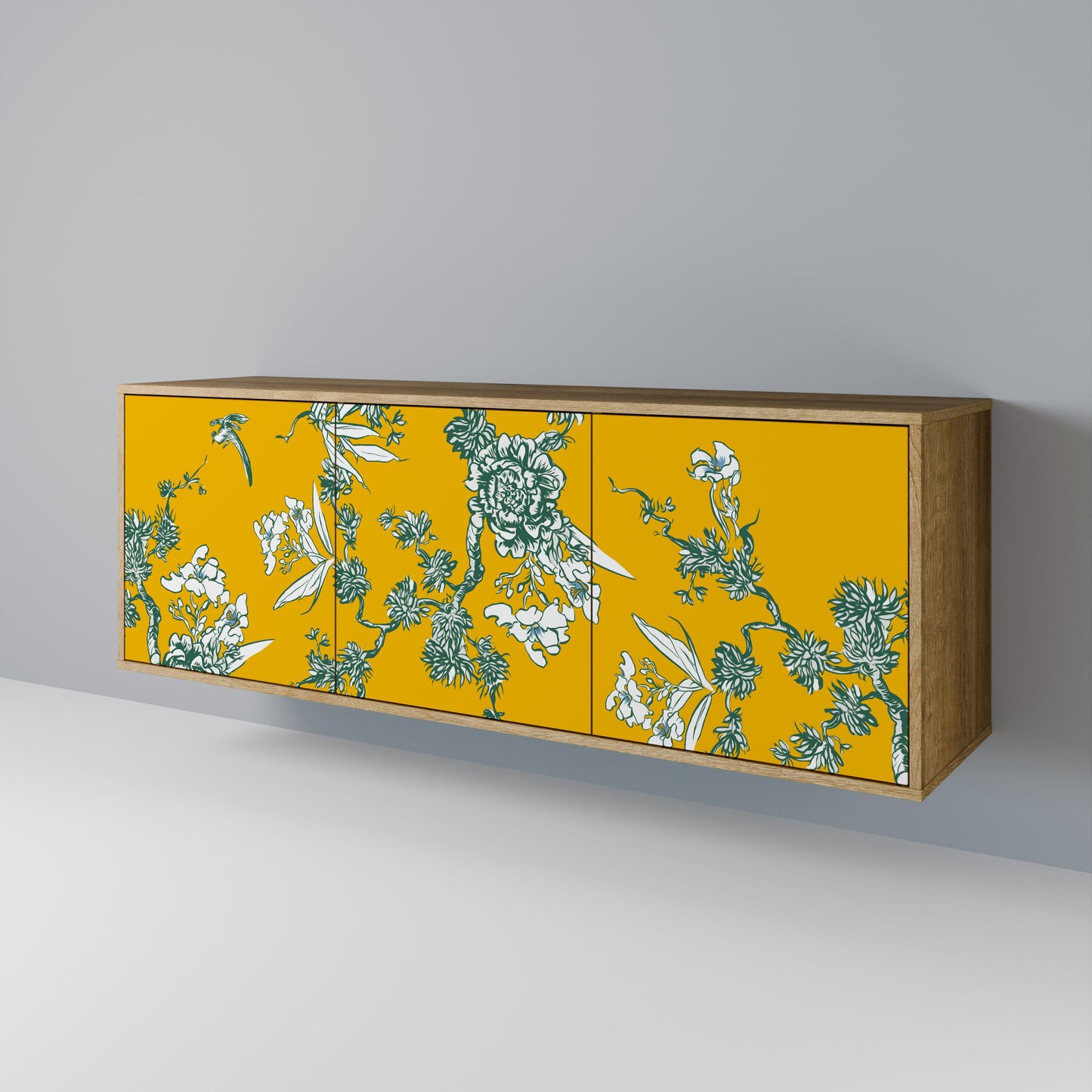 YELLOW CHINOISERIE 3-Door Sideboard in Oak Effect