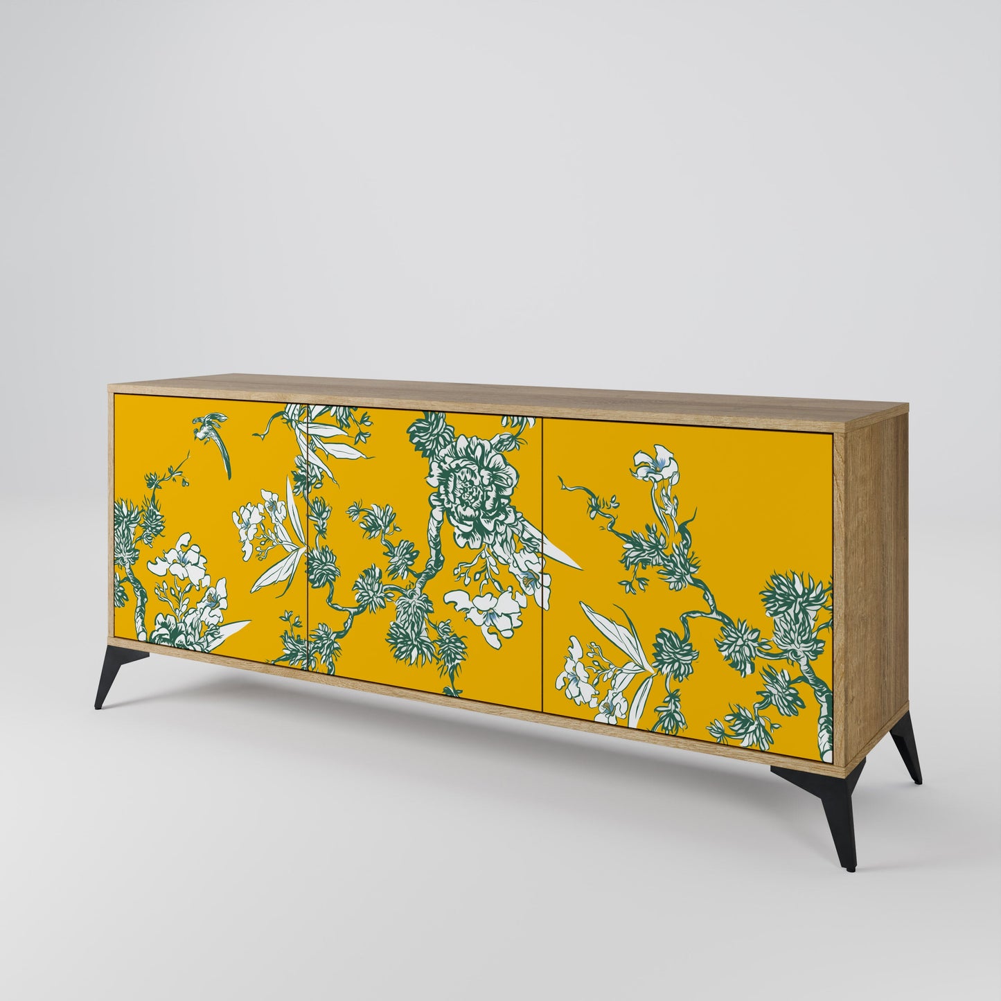 YELLOW CHINOISERIE 3-Door Sideboard in Oak Effect