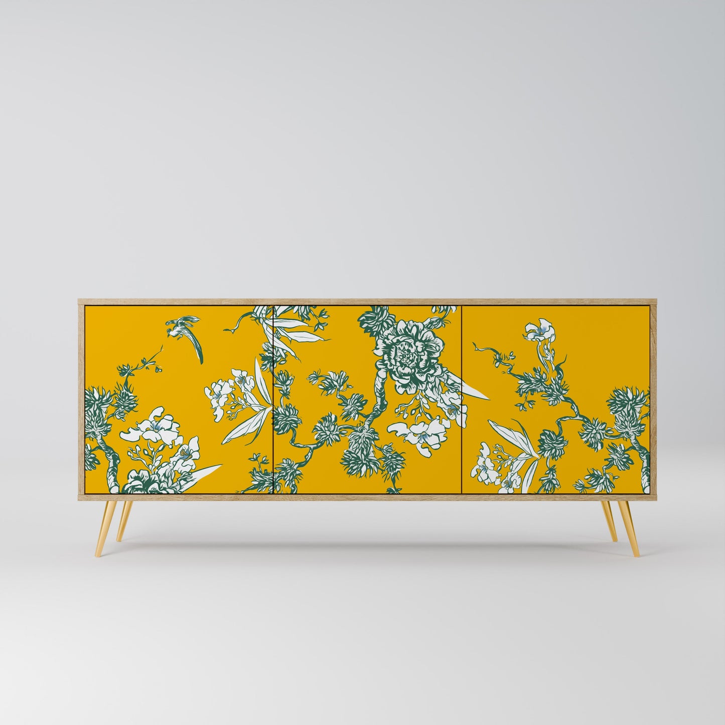 YELLOW CHINOISERIE 3-Door Sideboard in Oak Effect