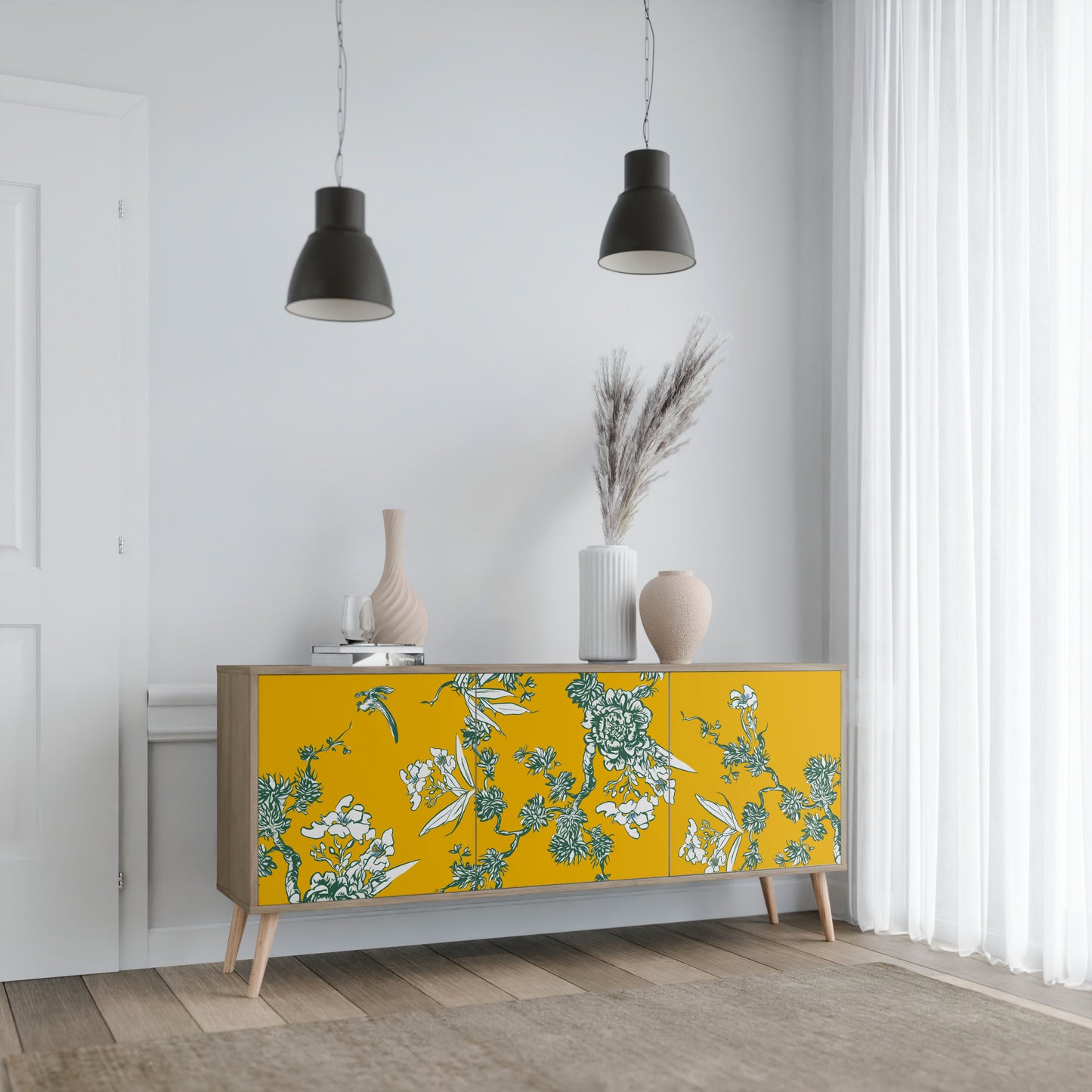 YELLOW CHINOISERIE 3-Door Sideboard in Oak Effect