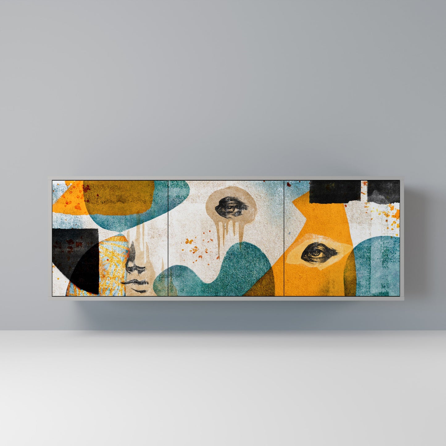 ABSTRACT FACES 3-Door Sideboard in Grey Finish