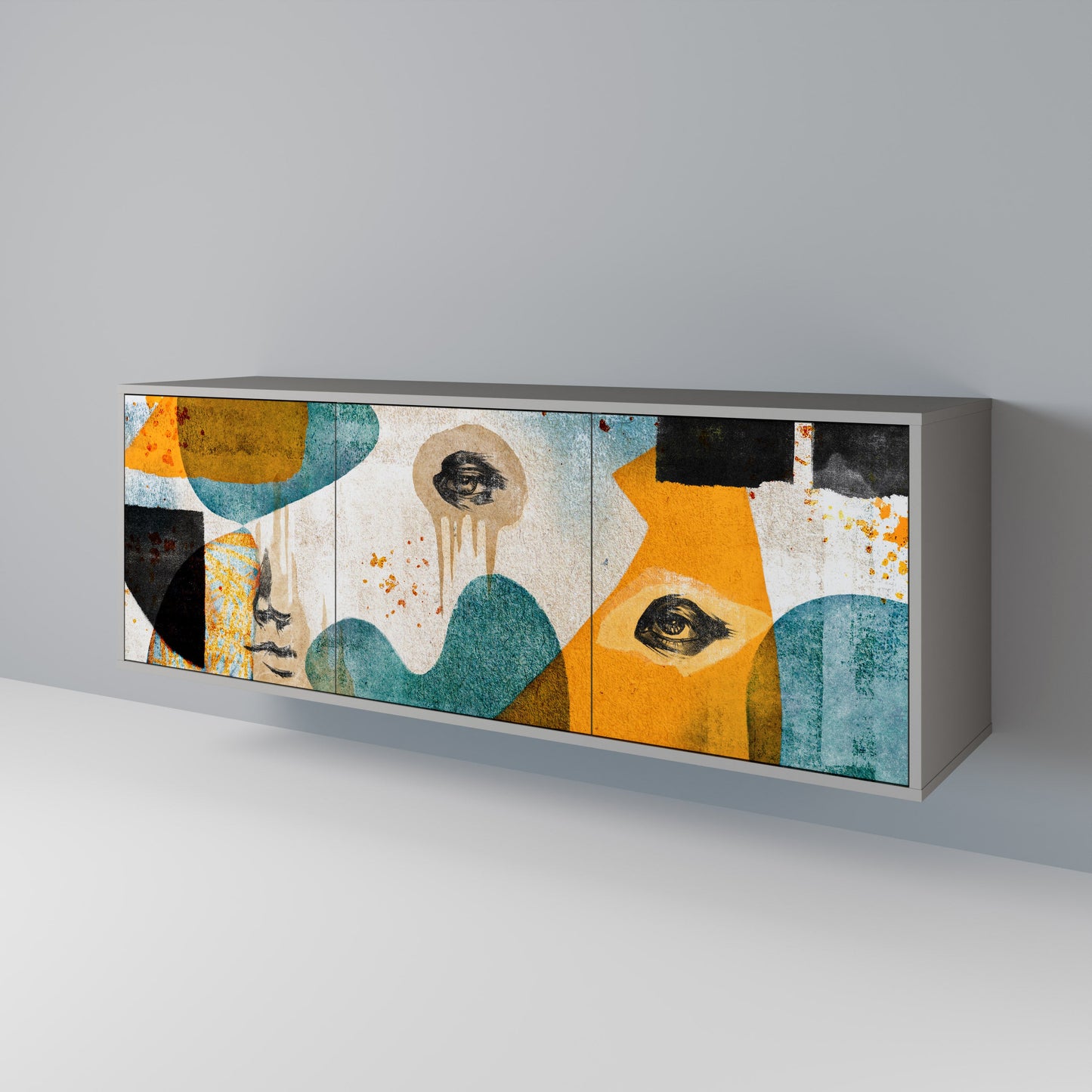 ABSTRACT FACES 3-Door Sideboard in Grey Finish