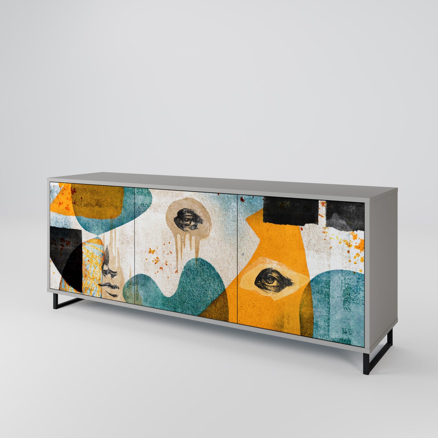 ABSTRACT FACES 3-Door Sideboard in Grey Finish